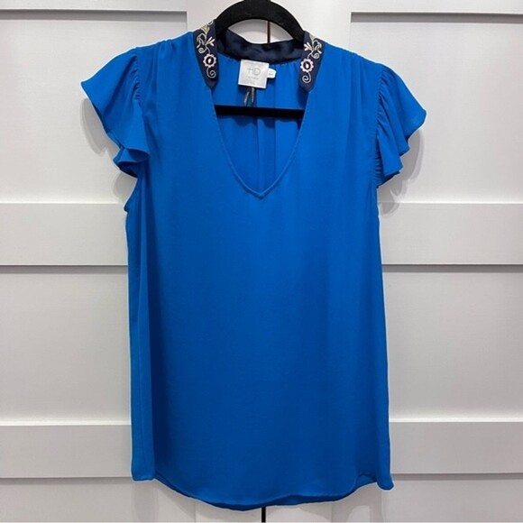 Anthropologie Embroidered Ruffle High Collar Top Royal Blue Sz. 8 - Picture 1 of 6